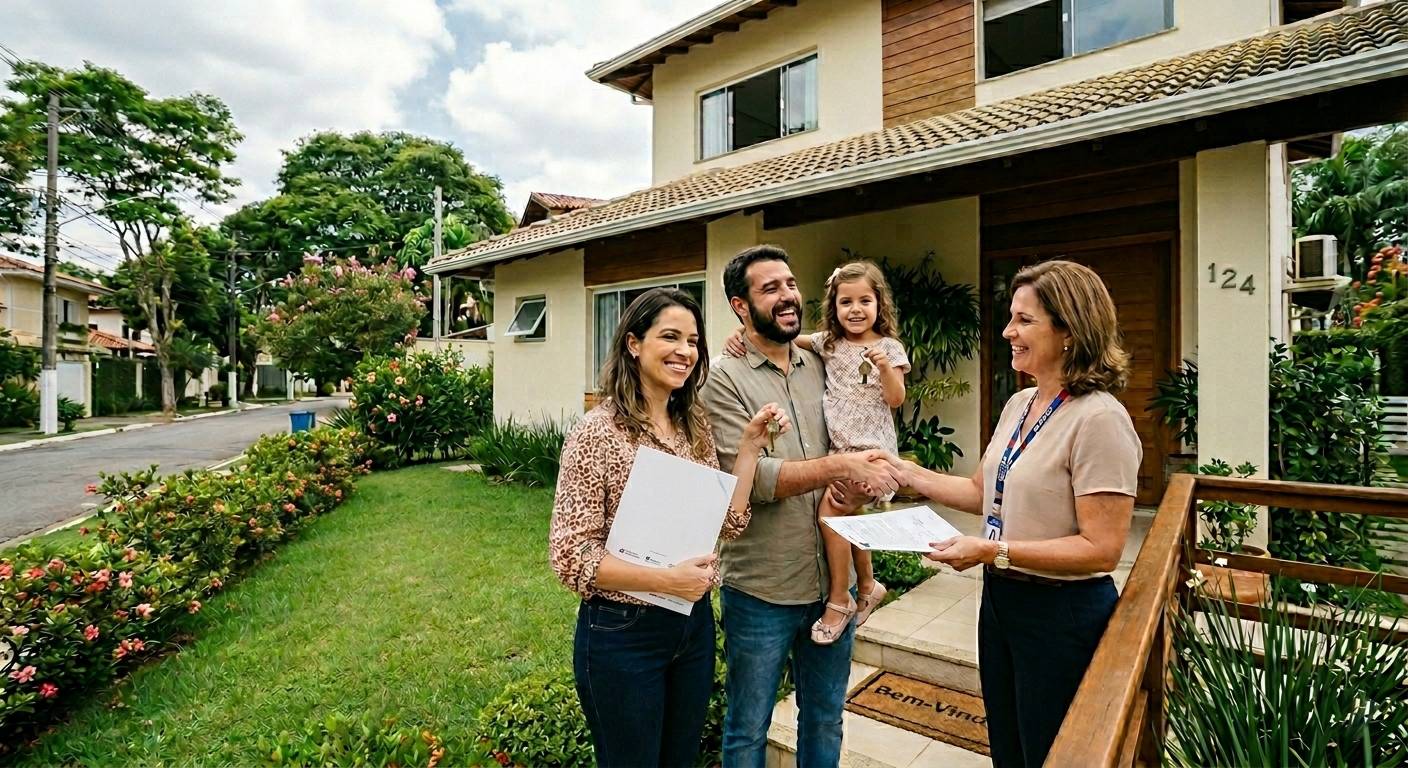 Família a concluir compra e venda de casa com entrega de chaves e assinatura de documentos