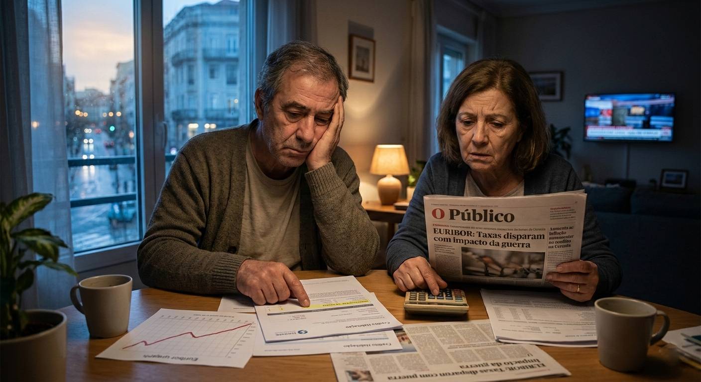 Casal idoso analisando jornais e documentos sobre Euribor e crédito habitação, com manchete "EURIBOR: Taxas disparam com impacto da guerra", calculadora e gráficos de prestações na mesa, ilustrando o stress financeiro das famílias portuguesas com crédito habitação em período de conflito geopolítico e inflação elevada
