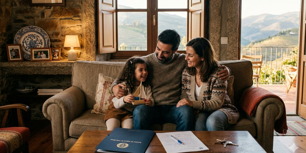 Família sorridente no sofá com documentos de seguro de vida risco e chaves de casa na mesa, ilustrando a proteção à família e ao crédito habitação proporcionada pelo seguro de vida risco em ambiente tranquilo e seguro. Seguros em Portugal