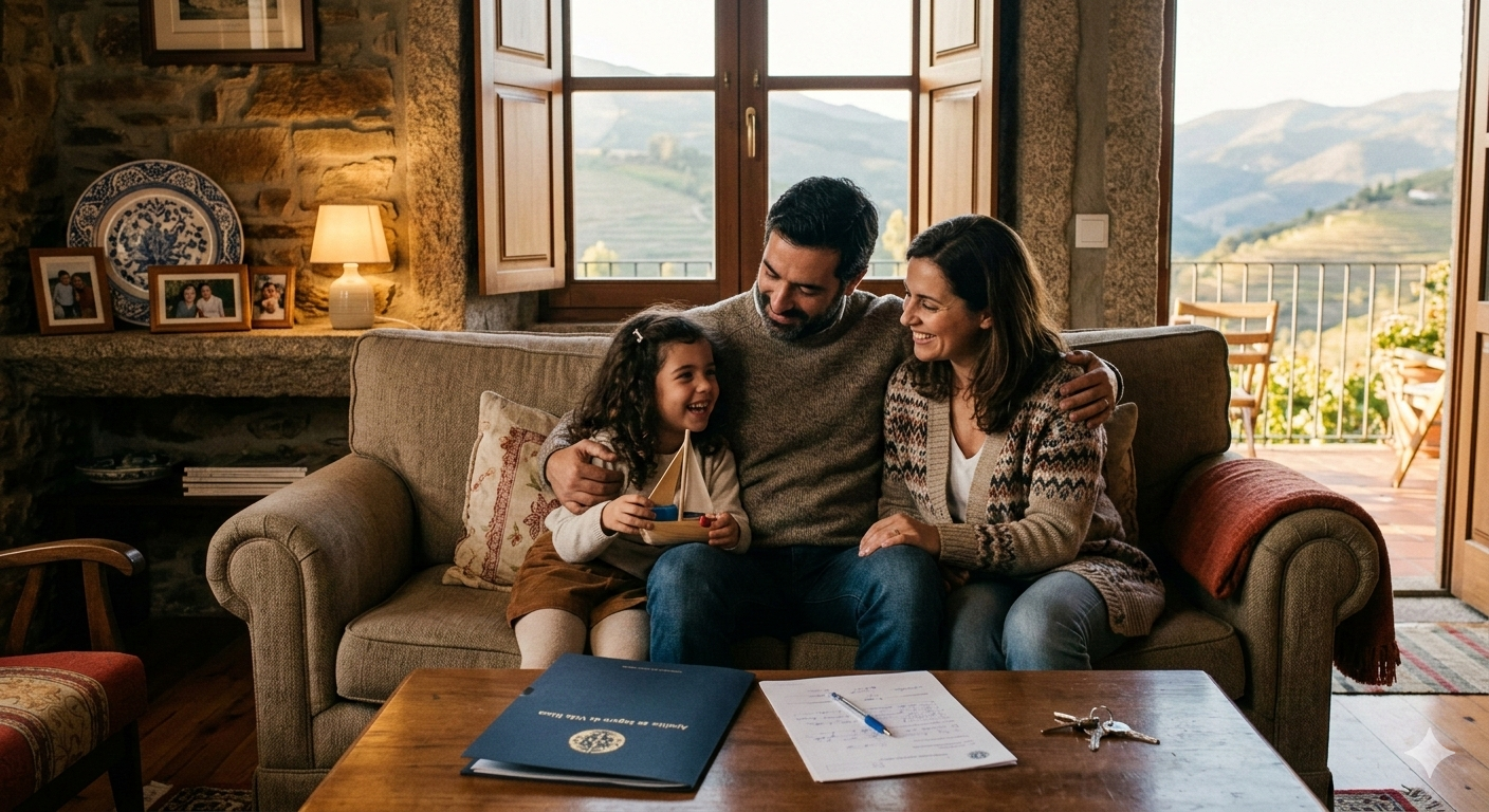 Família sorridente no sofá com documentos de seguro de vida risco e chaves de casa na mesa, ilustrando a proteção à família e ao crédito habitação proporcionada pelo seguro de vida risco em ambiente tranquilo e seguro. Seguros em Portugal
